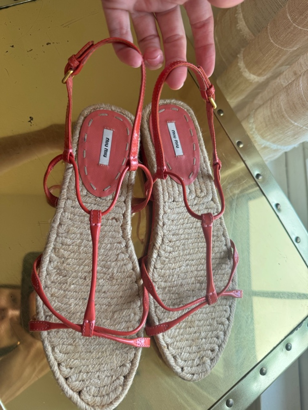Miu Miu Coral Pink Leather T‑Strap Espadrille Sandals size 38